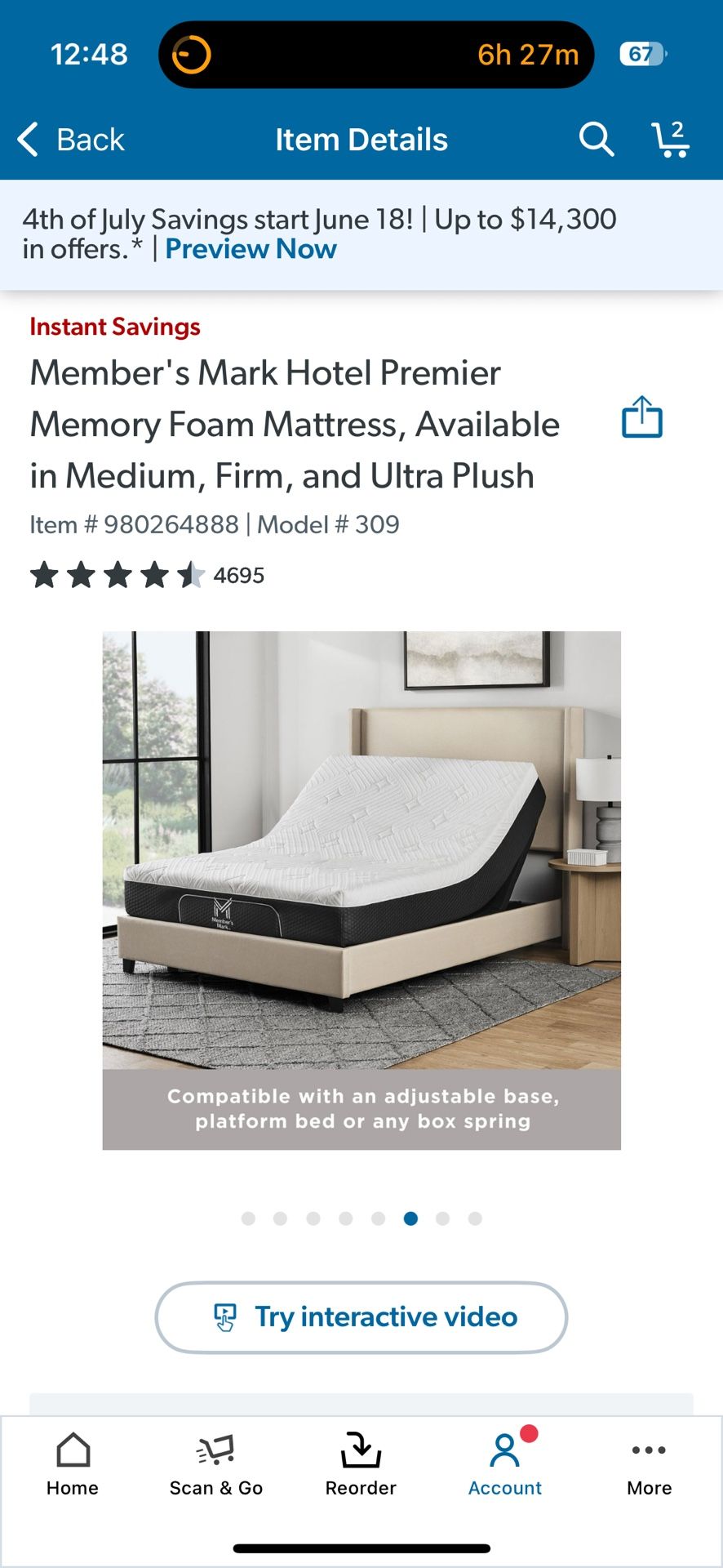 Member’s Mark Hotel Premier Queen size memory foam mattress
