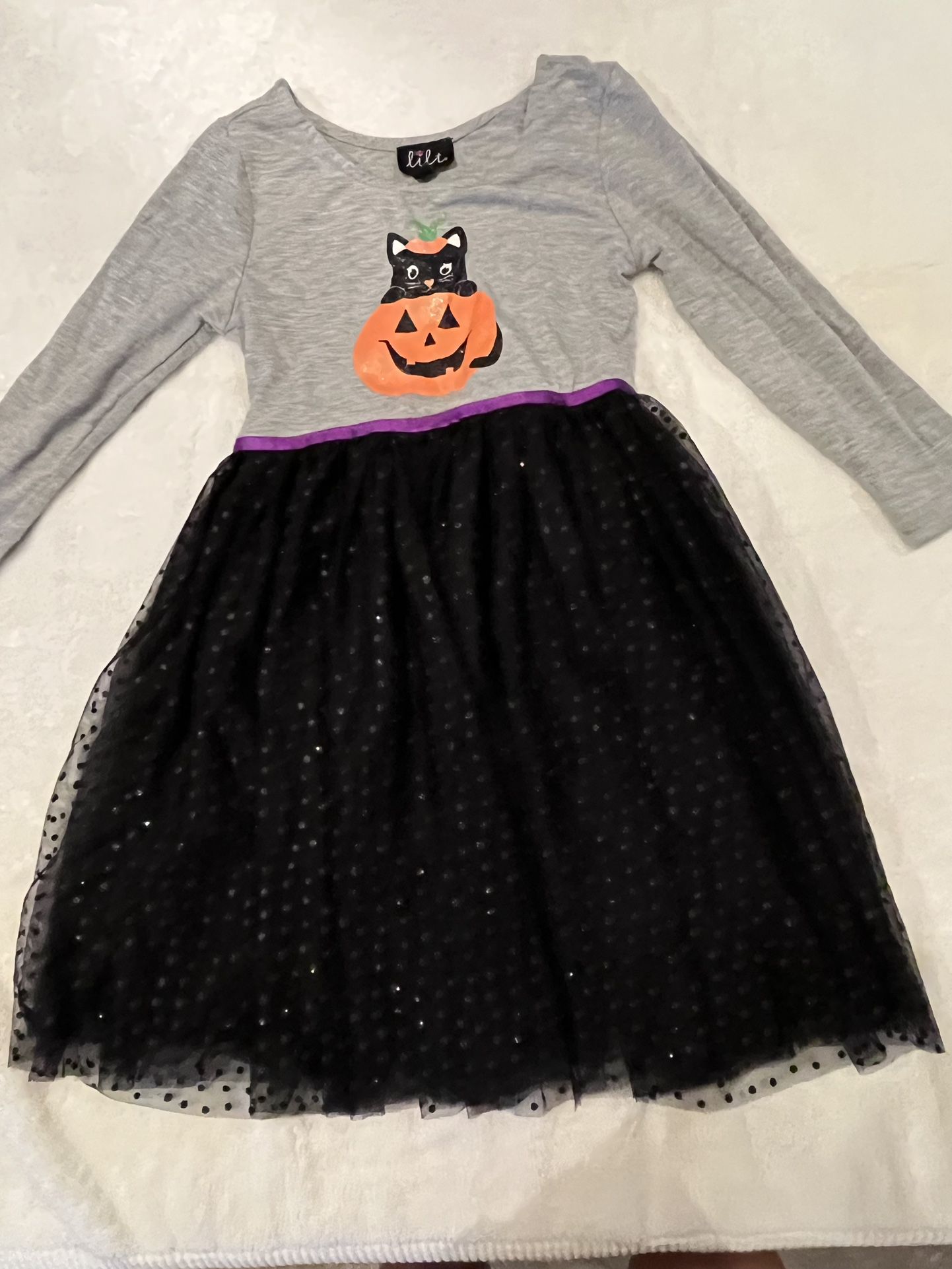Little Girls 6X orange and black Halloween dress with Black Tulle Skirt