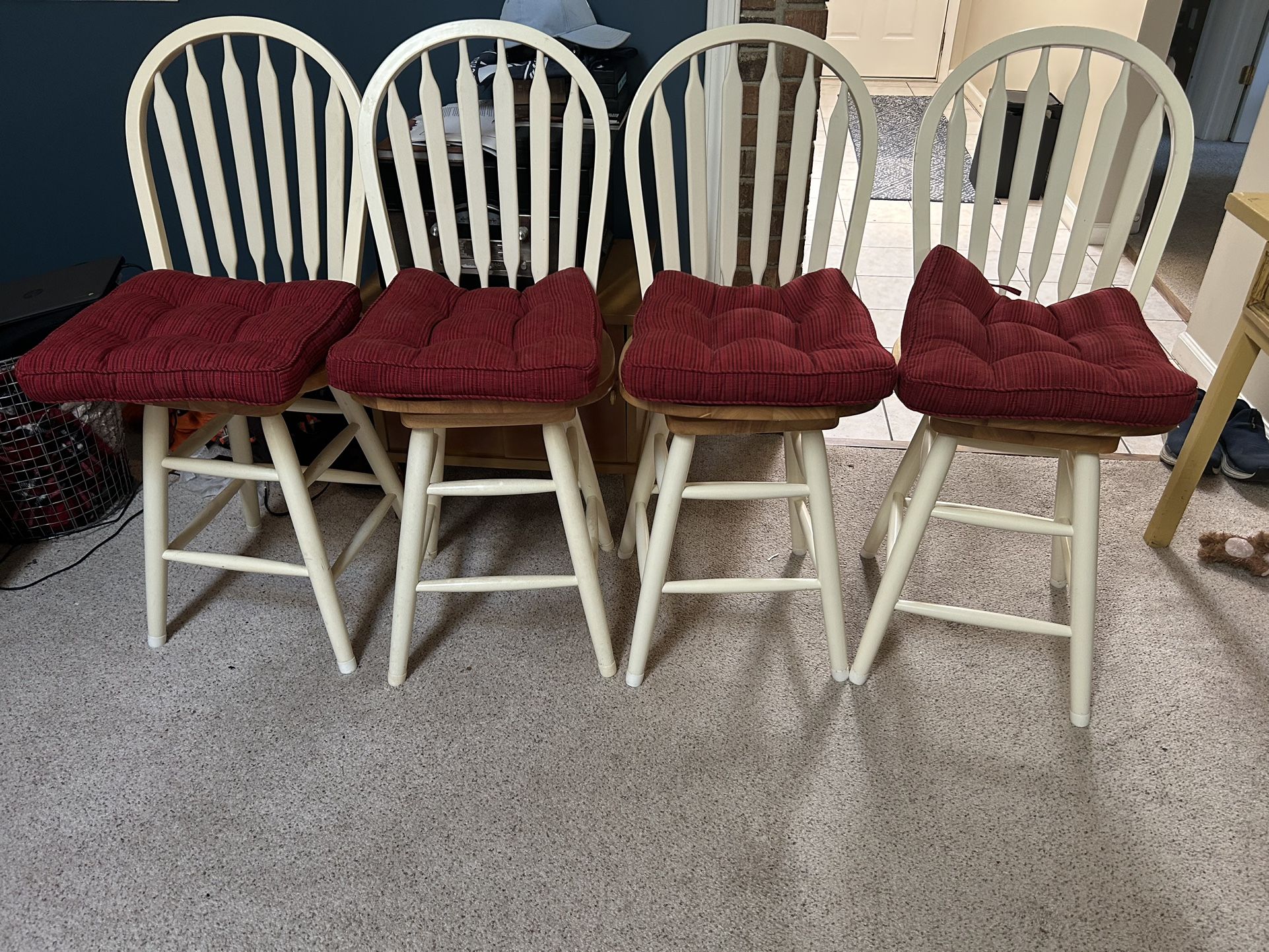 4-Wooden Swivel Counter Height Stools w Red Seat Cushions, EXC.- $90