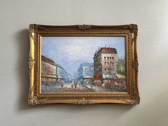 Large Ornate Gold Framed Painting – European Street Scene