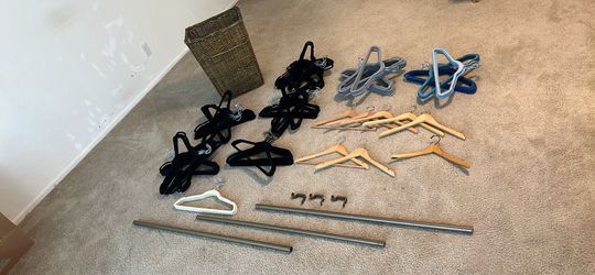 Full Closet Setup – 150+ Velvet Hangers, Wood Hangers, Rods, Wicker Hamper