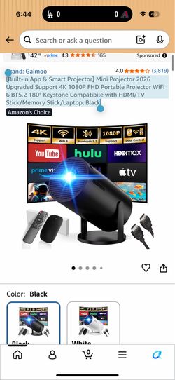 Built-in App & Smart Projector] Mini Projector 2026 Upgraded Support 4K 1080P FHD Portable Projector WiFi 6 BT5.2 180° Keystone Compatibile with HDMI/
