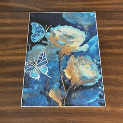 Blue Flowers/butterflies Diamond Art Canvas, Completed 
