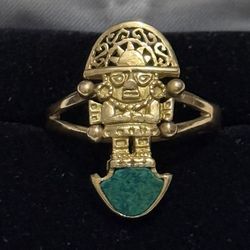 Super RARE Hand crafted 18K Solid Gold Malachite Tumi Peruvian inca Ring-  Confirmation of Authenticity By You Own Jeweler Is Welcome! 
