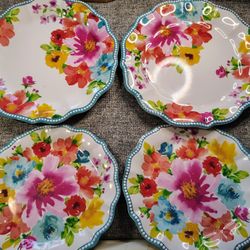Pioneer Woman Breezy Blossoms Melamine Plates – Set of 4 (2×10" + 2×12") – Used