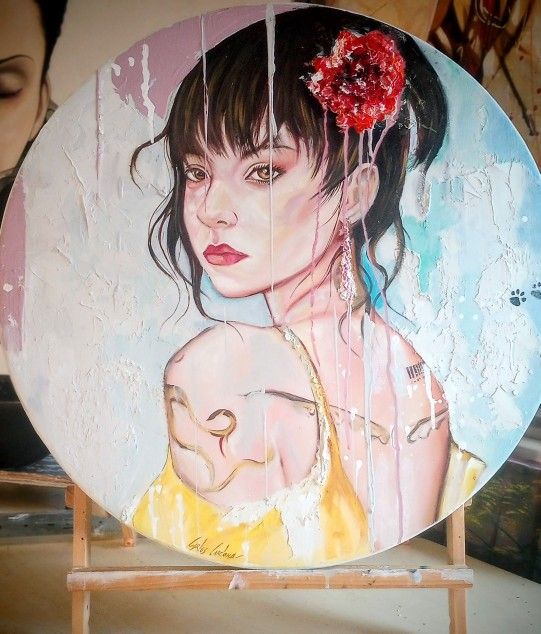 " Marcela" Oil And Acrylic On MDF, Round Original Painting, 22 1/2" Diameter