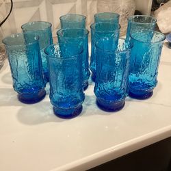 SET OF 10 - Vintage Anchor Hocking rainflower 10 oz glasses electric blue SEE PHOTOS!! perfect condition!