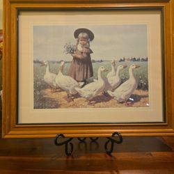 Pat Sisson “Girl with Geese” Framed Print – Vintage Country Farmhouse Art (13.25”x16.25”)
