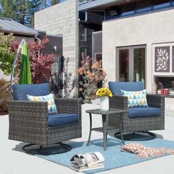 Gray 3-Piece Wicker Patio Conversation Seating Sofa Set with Denim Blue Cushions and Swivel Rocking Chairs