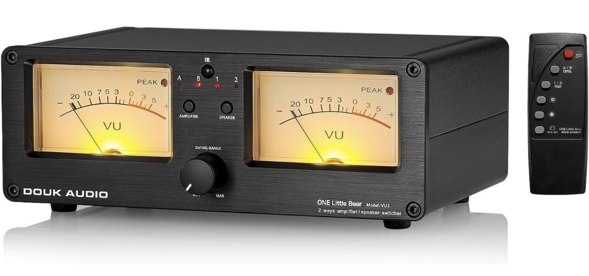 Douk Audio VU3 Dual Analog VU Meter, 2-Way Amplifier/Speaker Switch, Audio Switcher Box with DB Panel Display