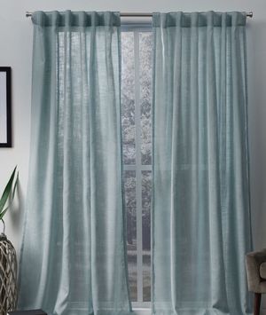 Photo New 2 Bella rod pocket panels curtains Beautiful flowing seafoam green woven linen style texture. Great for any interior modern or traditional