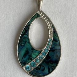 Signed KC Pendant Silver Tone Blue Crystal Accent Teardrop Blu/Green