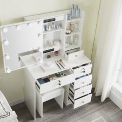 Vanity Makeup Dressing Table Stool Set w/6 Drawers & LED Lighted Sliding Mirror