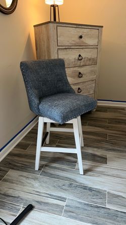 Blue Upholstered Swivel Bar Stool White Legs