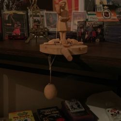 Carved Wood Toy Pull String Girl Feeding Birds Russian Folk Art