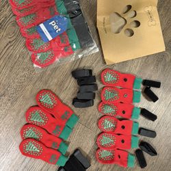  Pet anti slip booties red and green 16 total, 5 extra velcro strap size Small