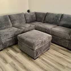 Grey Corduroy Sectional With Ottoman
