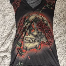 RARE Christian Audigier (Ed Hardy) Y2K fitted long shirt  full print front and back skull design