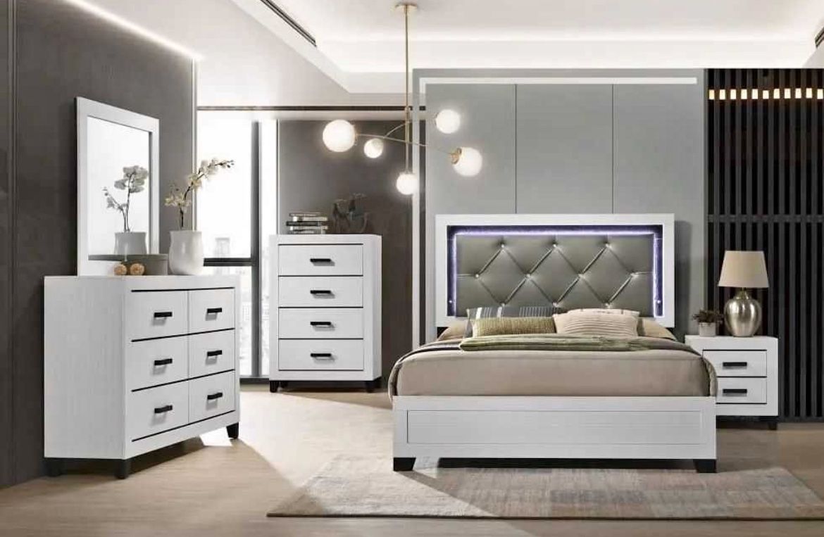 LED Lights , Modern Bedroom Set , Chest , Nightstands, Dresser W Mirror