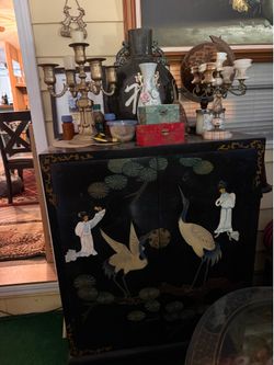 Vintage Asian Black Lacquer Cabinet / Accent Bar Cabinet