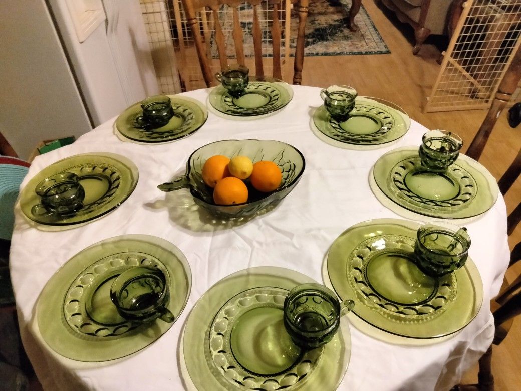 Green antique glass Plates and cups,fruit bowl