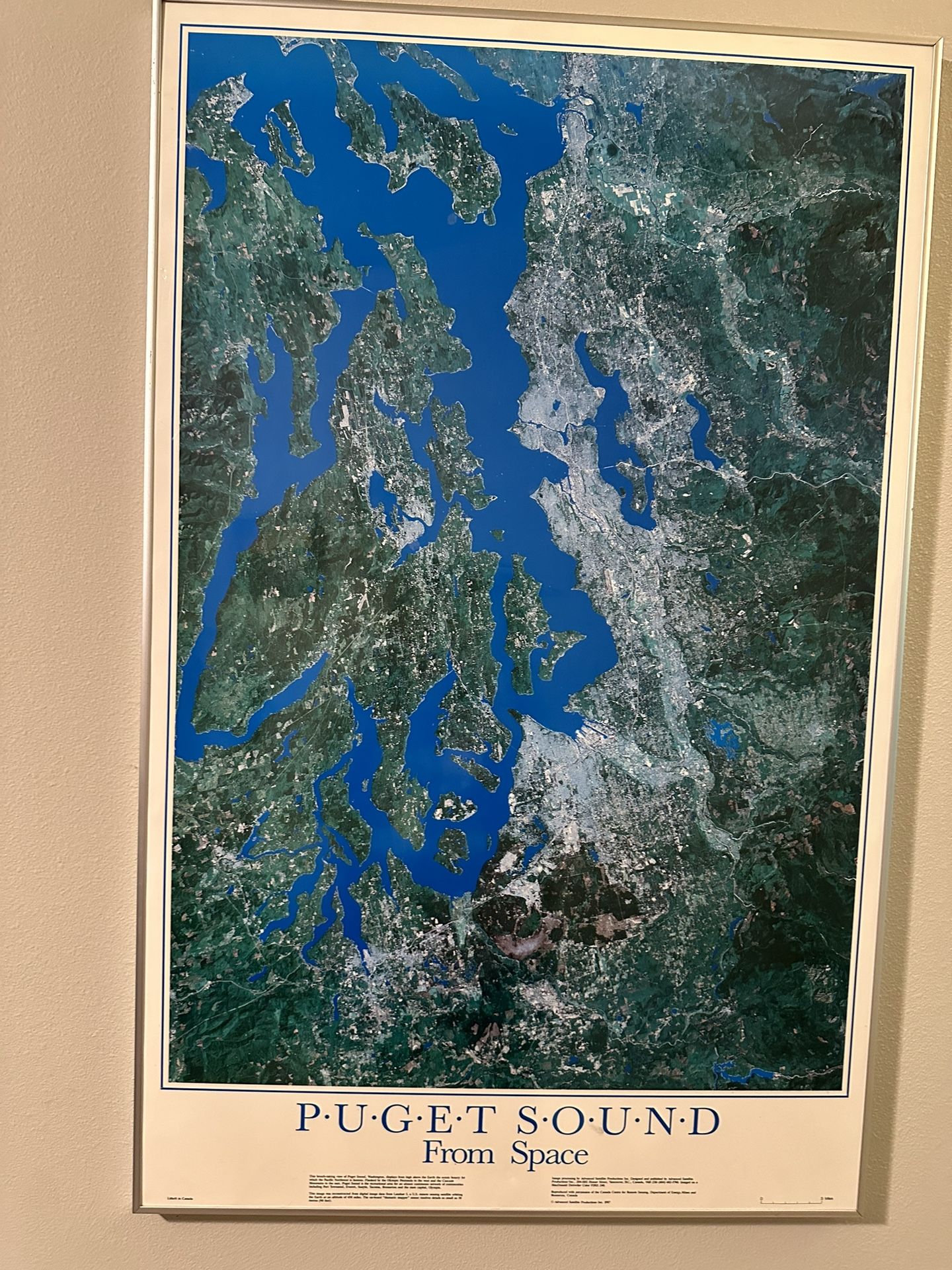 PUGET SOUND FROM SPACE 1987 SATELLITE IMAGE MAP POSTER SEATTLE WA VINTAGE FRAMED