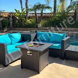 NEW🔥Outdoor Patio Furniture Set Black Wicker Turquoise Cushions with Firepit 30" Storage & Cover