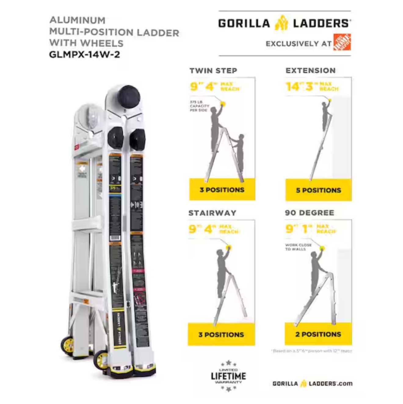 Gorilla 14 FT REACH MPX ALUMINUM MULTI-POSITION LADDER, 375 LBS. LOAD CAPACITY