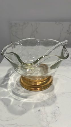 Mid century Glass Bowl with Gold-Plated Pedestal Base and Matching Spoon
