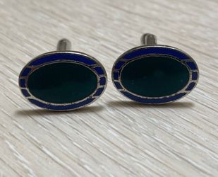 Vintage Mid-Century Oval Champlevé Enamel Cufflinks | Cobalt Blue & Hunter Green | Torpedo Back