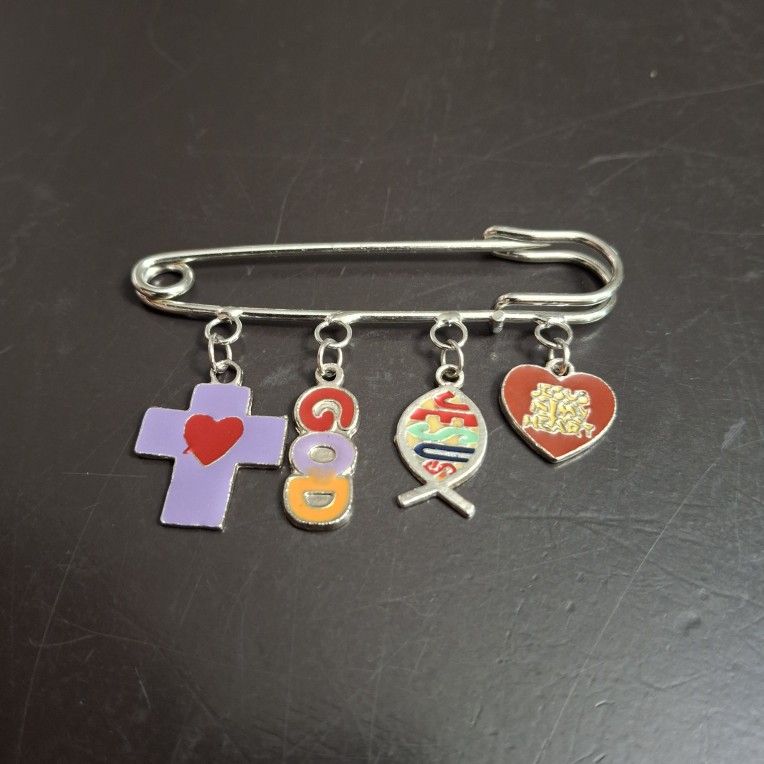 Christian Charm Safety Pin Broock With Heart Cross, God, Ichthus Fish & Sacred Heart - "Jesus In My Heart:
