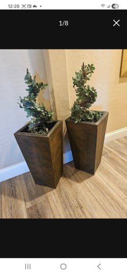 2 Faux Spiral Plants In Decorative Planters, LIKE NEW!