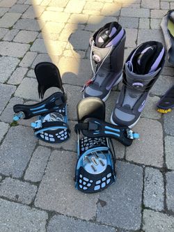 Women’s Snowboard Boots, Bindings, And Old Snowboard