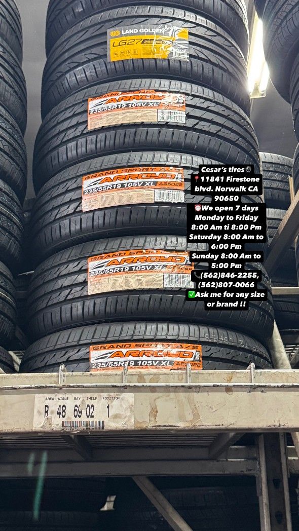 235/55R19 ARROYO A SET OF FOUR NEW TIRES, INCLUDES MOUNTING AND BALANCING WITH WARRANTY, ASK  ME FOR ANY SIZE OR BRAND, WE HAVE THE BEST PRICES!!