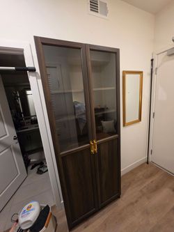 Ikea Billy Bookcase - dark oak with doors, custom handles