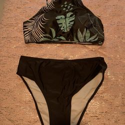 Womens Size Medium Hawaiian Green Black Swimsuit Bikini 