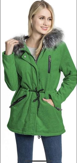 New with tags Women's Wool Blend Coat Warm Winter with Removable Fur Collar Hooded Overcoat Jacket Pink- Large, Green-Medium, Blue-Small