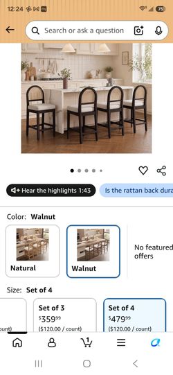 Farmhouse Style Rattan Counter Stools Set of 3, Solid Wood Leg Bar Stools, Comfortable Chenille Upholstered Kitchen Island Seating Furniture, Dark Wal