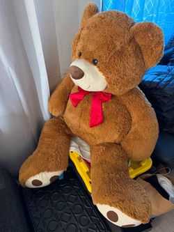 Large Brown Plush Teddy Bear with Red Bow