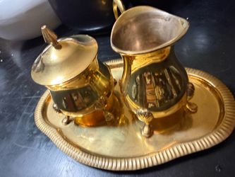 Vintage Solid Brass Creamer and Lidded Sugar Bowl Set with Tray – Made in India
