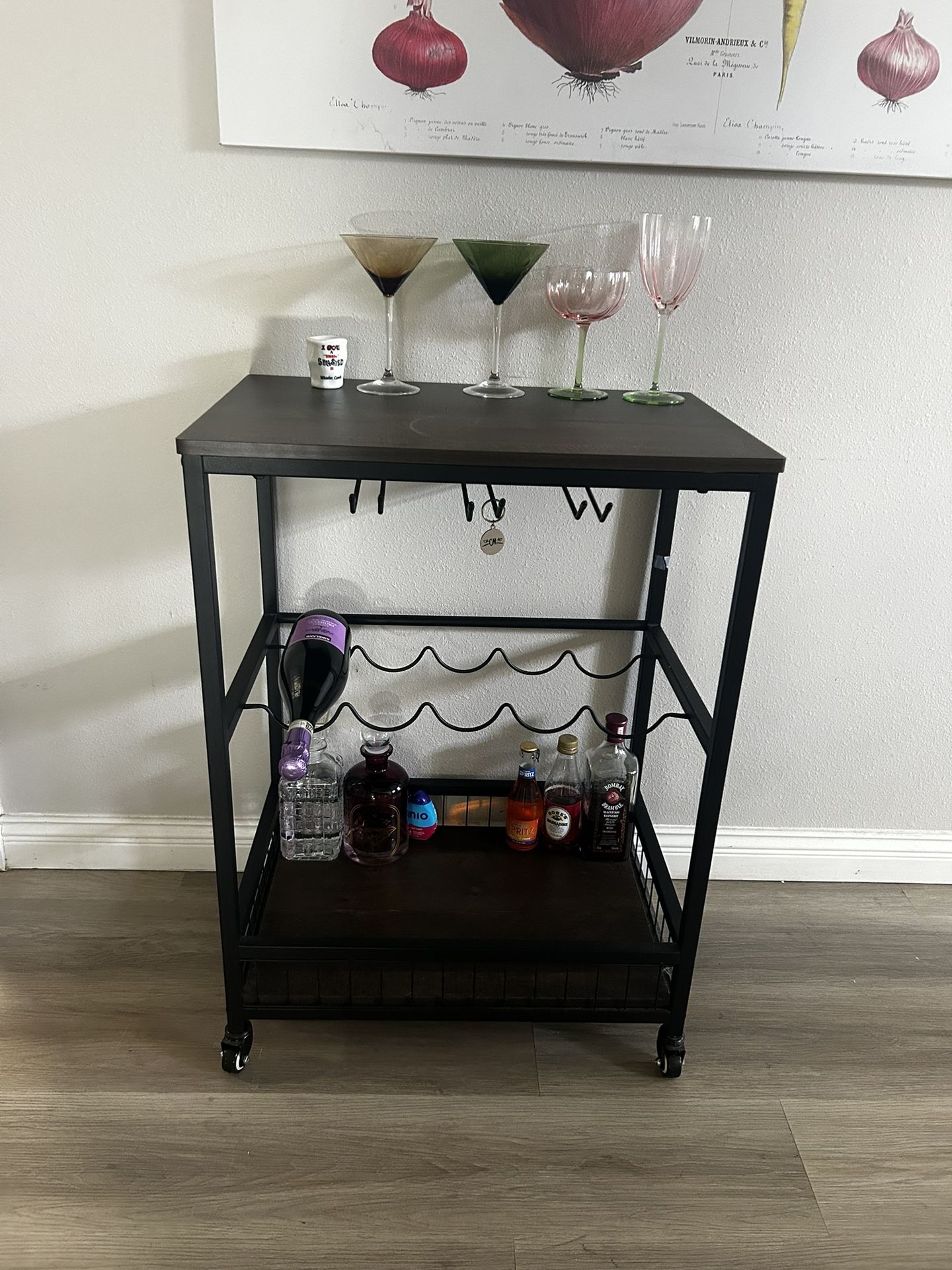 Wooden Rolling Bar Cart