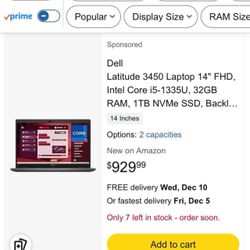 Dell Latitude 3450 Laptop 14" FHD, Intel Core i5-1335U, 32GB RAM, 1TB NVMe SSD, Backlit Keyboard, Webcam, Wi-Fi 6, Bluetooth, HDMI, USB-C, Windows 11 