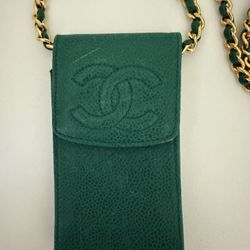 Chanel Vintage Green O Case Phone Holder Chain Crossbody Mini Bag In Green GHW