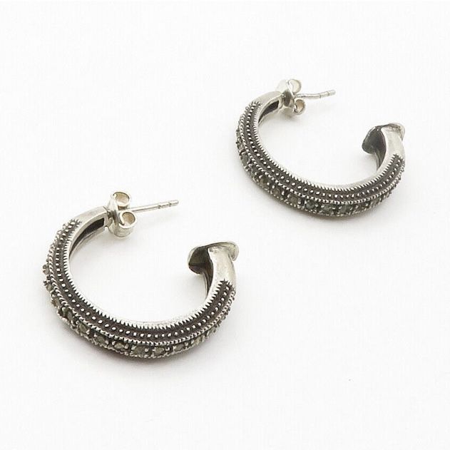 925 Sterling Silver - Vintage Sparkling Marcasite Round J-Hoop Earrings
