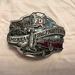 Vintage American Firefighters Belt Buckle Enameled Pewter Medal