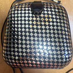 Vintage Black & Gold Metallic Woven Faux Leather Cross Body Retro Hard Shell Bag