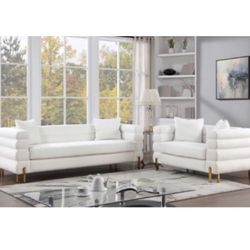 2-pc Sofa Set Loveseat & Sofa White Boucle Fabric