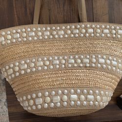 NWOT Woven straw tote bag, Big Buddha, embellished with beads $25