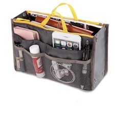 Women Multi-Pocket Travel Handbag Organizer Insert w Zipper Handles Purse Liner Grey