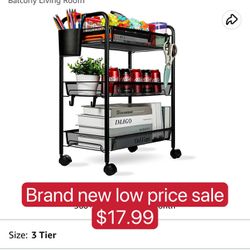 3 Tier All-Metal Rolling Cart, Trolley Craft Cart with Locking Wheels, Easy-Carry and Assembly Mesh Trolley Cart with 1 Small Baskets and 4 Hooks